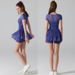 2PCS Set Cute Sportswear for Woman, Cropped Workout T-Shirt with Bra and Bow Tie Design + Ruffle Hem High Waisted Golf Skirt with Liner Shorts + Side Pocket