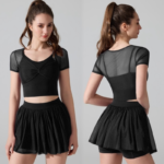 2PCS Set Cute Sportswear for Woman, Cropped Workout T-Shirt with Bra and Bow Tie Design + Ruffle Hem High Waisted Golf Skirt with Liner Shorts + Side Pocket