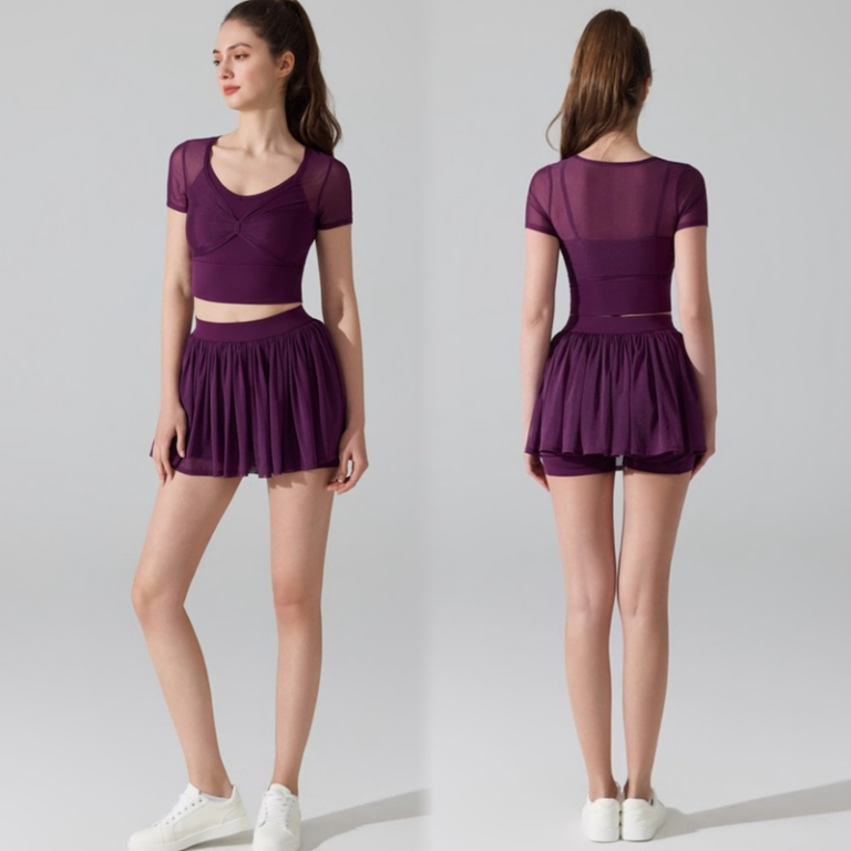 2PCS Set Cute Sportswear for Woman, Cropped Workout T-Shirt with Bra and Bow Tie Design + Ruffle Hem High Waisted Golf Skirt with Liner Shorts + Side Pocket