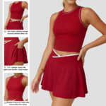 2PCS Set Fashion Comfortable Sportswear for Woman, Ribbed Padded Athletic Tanks + 2 in 1 Cross Waisted Tennis Skirt with Liner Shorts + Side Pocket