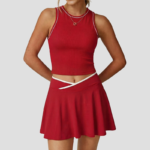 2PCS Set Fashion Comfortable Sportswear for Woman, Ribbed Padded Athletic Tanks + 2 in 1 Cross Waisted Tennis Skirt with Liner Shorts + Side Pocket