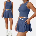 2PCS Set Fashion Comfortable Sportswear for Woman, Ribbed Padded Athletic Tanks + 2 in 1 Cross Waisted Tennis Skirt with Liner Shorts + Side Pocket