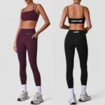 2PCS Stylish Butt Lifting Fitness Wear with Pockets for Woman, Sexy Halter Neck Sports Bra + High Waisted Workout Leggings Yoga and Gym Training Outfits