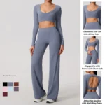 3 Piece Fascinating Backless Pilates Fitness Outfit Fashion Spring Fall Jogging Clothes for Woman, Sexy Halter Neck Bra + Crop Top + Wide Leg Yoga Pants