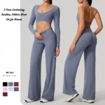 3 Piece Fascinating Backless Pilates Fitness Outfit Fashion Spring Fall Jogging Clothes for Woman, Sexy Halter Neck Bra + Crop Top + Wide Leg Yoga Pants
