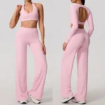 3 Piece Fascinating Backless Pilates Fitness Outfit Fashion Spring Fall Jogging Clothes for Woman, Sexy Halter Neck Bra + Crop Top + Wide Leg Yoga Pants