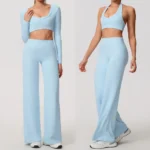 3 Piece Fascinating Backless Pilates Fitness Outfit Fashion Spring Fall Jogging Clothes for Woman, Sexy Halter Neck Bra + Crop Top + Wide Leg Yoga Pants