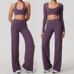 3 Piece Fascinating Backless Pilates Fitness Outfit Fashion Spring Fall Jogging Clothes for Woman, Sexy Halter Neck Bra + Crop Top + Wide Leg Yoga Pants