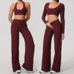 3 Piece Fascinating Backless Pilates Fitness Outfit Fashion Spring Fall Jogging Clothes for Woman, Sexy Halter Neck Bra + Crop Top + Wide Leg Yoga Pants