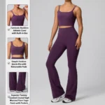 3PCS Highest Quality Gym Wear Athletic Outfits for Women, Sexy Backless Fitness Cami + U Neck Sports Bra + High Waist Flared Yoga Pants with Pocket