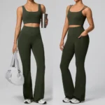 3PCS Highest Quality Gym Wear Athletic Outfits for Women, Sexy Backless Fitness Cami + U Neck Sports Bra + High Waist Flared Yoga Pants with Pocket