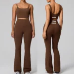 3PCS Highest Quality Gym Wear Athletic Outfits for Women, Sexy Backless Fitness Cami + U Neck Sports Bra + High Waist Flared Yoga Pants with Pocket