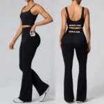 3PCS Highest Quality Gym Wear Athletic Outfits for Women, Sexy Backless Fitness Cami + U Neck Sports Bra + High Waist Flared Yoga Pants with Pocket