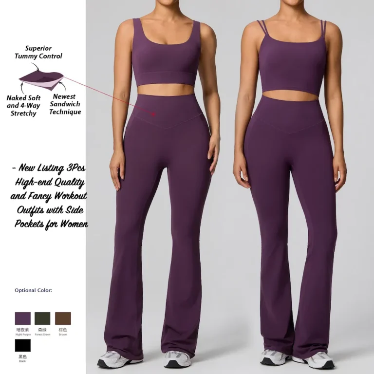3PCS Highest Quality Gym Wear Athletic Outfits for Women, Sexy Backless Fitness Cami + U Neck Sports Bra + High Waist Flared Yoga Pants with Pocket