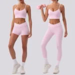 3PCS New Fashion Workout Outfits for Women, Color Blocking Longline Strappy Back Sports Bra + Cross Waisted Gym Shorts + Tummy Control Fitness Leggings
