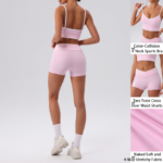 3PCS New Fashion Workout Outfits for Women, Color Blocking Longline Strappy Back Sports Bra + Cross Waisted Gym Shorts + Tummy Control Fitness Leggings
