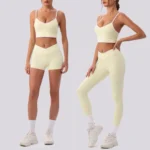 3PCS New Fashion Workout Outfits for Women, Color Blocking Longline Strappy Back Sports Bra + Cross Waisted Gym Shorts + Tummy Control Fitness Leggings