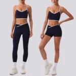 3PCS New Fashion Workout Outfits for Women, Color Blocking Longline Strappy Back Sports Bra + Cross Waisted Gym Shorts + Tummy Control Fitness Leggings