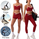 3PCS New Fashion Workout Outfits for Women, Color Blocking Longline Strappy Back Sports Bra + Cross Waisted Gym Shorts + Tummy Control Fitness Leggings