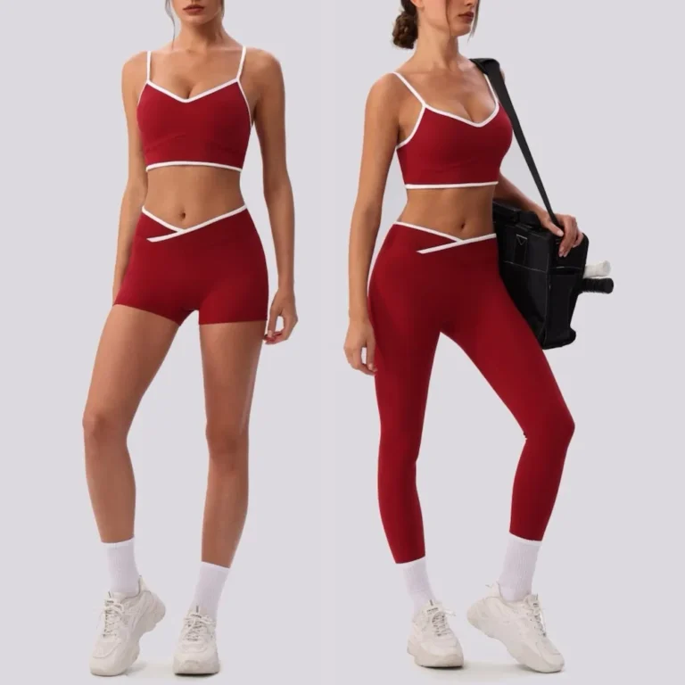 3PCS New Fashion Workout Outfits for Women, Color Blocking Longline Strappy Back Sports Bra + Cross Waisted Gym Shorts + Tummy Control Fitness Leggings