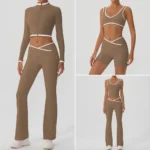 5 PCS Latest Color-Blocked Workout Clothes for Women, Matching Yoga Pilates Tops + Running Shorts and Flare Pants with Cropped Exercise Jacket Activewear Set