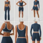5 PCS Latest Color-Blocked Workout Clothes for Women, Matching Yoga Pilates Tops + Running Shorts and Flare Pants with Cropped Exercise Jacket Activewear Set