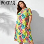 9XL Plus Size Women's Dress For Summer Hawaii Beach Vacation Loose Dress Casual Short Sleeve Palm leaves 3D Print Dress 2026 New