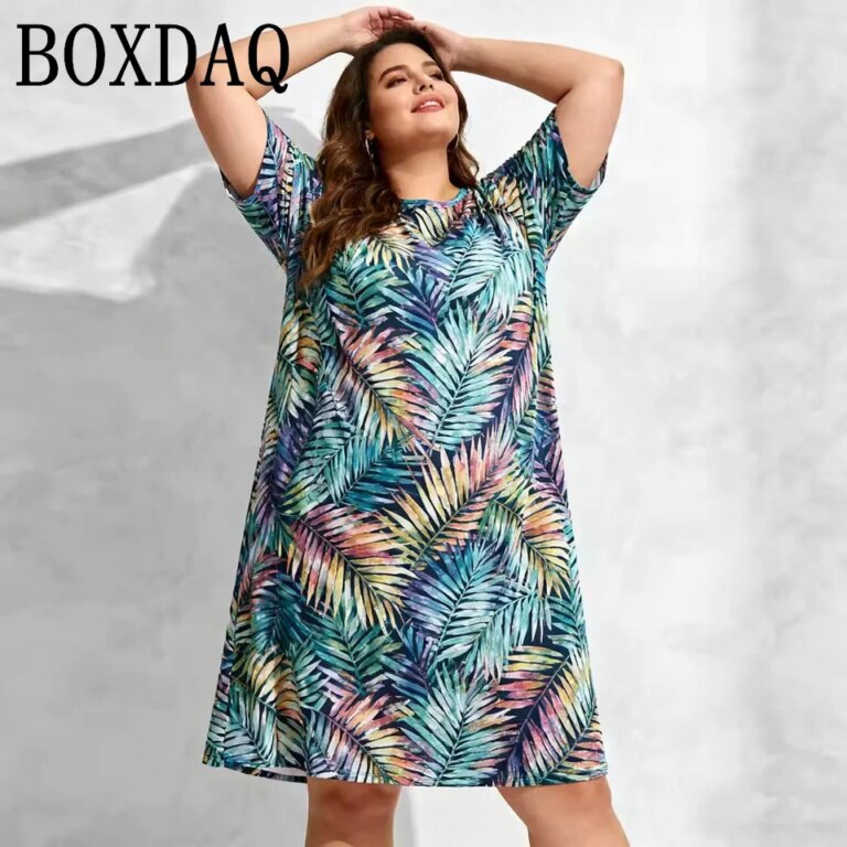 9XL Plus Size Women's Dress For Summer Hawaii Beach Vacation Loose Dress Casual Short Sleeve Palm leaves 3D Print Dress 2026 New