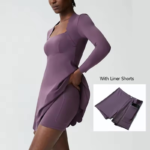 Amazon New Popular Picked Long Sleeve Athletic Apparel, Square Neck Tennis Dress Wavy Golf Athletic Dresses with Built in Bra and Split Shorts + Pocket