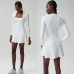 Amazon New Popular Picked Long Sleeve Athletic Apparel, Square Neck Tennis Dress Wavy Golf Athletic Dresses with Built in Bra and Split Shorts + Pocket