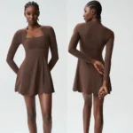 Amazon New Popular Picked Long Sleeve Athletic Apparel, Square Neck Tennis Dress Wavy Golf Athletic Dresses with Built in Bra and Split Shorts + Pocket