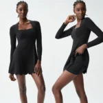 Amazon New Popular Picked Long Sleeve Athletic Apparel, Square Neck Tennis Dress Wavy Golf Athletic Dresses with Built in Bra and Split Shorts + Pocket
