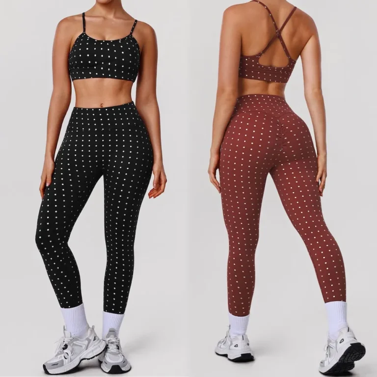 Amazon New Trendy 2 Piece Silver Dots Pattern Workout Outfits for Women, Cross Back Sports Bra + Butt Lifting Yoga Leggings with Scrunch Booty Gym Apparel
