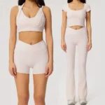 Amazon Popular Picked 4PCS Pilates Clothes Gym Wear for Women, Premium Padded Sports Top + Cross Waist Workout Shorts + Flare Pants with Side Pockets