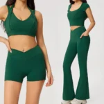 Amazon Popular Picked 4PCS Pilates Clothes Gym Wear for Women, Premium Padded Sports Top + Cross Waist Workout Shorts + Flare Pants with Side Pockets