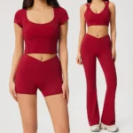 Amazon Popular Picked 4PCS Pilates Clothes Gym Wear for Women, Premium Padded Sports Top + Cross Waist Workout Shorts + Flare Pants with Side Pockets