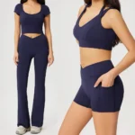Amazon Popular Picked 4PCS Pilates Clothes Gym Wear for Women, Premium Padded Sports Top + Cross Waist Workout Shorts + Flare Pants with Side Pockets