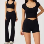 Amazon Popular Picked 4PCS Pilates Clothes Gym Wear for Women, Premium Padded Sports Top + Cross Waist Workout Shorts + Flare Pants with Side Pockets