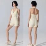 Amazon Popular Selling 2 Piece Workout Sets, Backless and V Neck Sports Bra Tank Tops with V Waisted Booty Shorts Gym Yoga Active Outfits for Woman