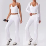 Amazon Popular Selling 3PCS Pilates and Gym Fitness Clothing for Women, Long Sleeve Athletic Wrap Shirts + Lace-up Cami Tops with Bra + Flared Yoga Pants