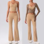 Amazon Popular Selling 3PCS Pilates and Gym Fitness Clothing for Women, Long Sleeve Athletic Wrap Shirts + Lace-up Cami Tops with Bra + Flared Yoga Pants