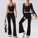 Amazon Popular Selling 3PCS Pilates and Gym Fitness Clothing for Women, Long Sleeve Athletic Wrap Shirts + Lace-up Cami Tops with Bra + Flared Yoga Pants
