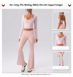 Amazon Popular Selling 3PCS Pilates and Gym Fitness Clothing for Women, Long Sleeve Athletic Wrap Shirts + Lace-up Cami Tops with Bra + Flared Yoga Pants