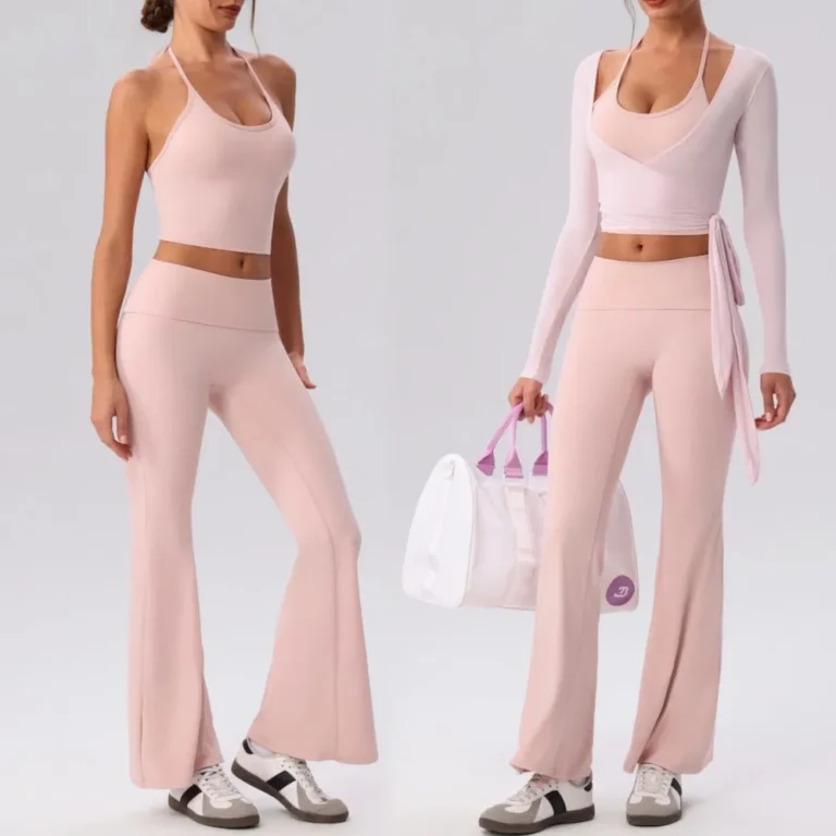 Amazon Popular Selling 3PCS Pilates and Gym Fitness Clothing for Women, Long Sleeve Athletic Wrap Shirts + Lace-up Cami Tops with Bra + Flared Yoga Pants