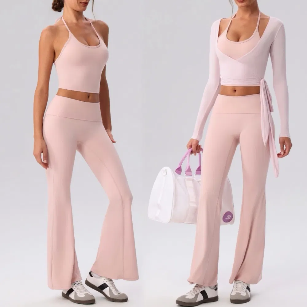 Amazon Popular Selling 3PCS Pilates and Gym Fitness Clothing for Women, Long Sleeve Athletic Wrap Shirts + Lace-up Cami Tops with Bra + Flared Yoga Pants Amazon Popular Selling 3PCS Pilates and Gym Fitness Clothing for Women, Long Sleeve Athletic Wrap Shirts + Lace-up Cami Tops with Bra + Flared Yoga Pants