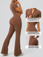Amazon Popular Selling Short Sleeve Flare Sports Bodysuits for Woman, Trendy Zip up Front Yoga Romper with Side Pockets One Piece Bell Bottom Bodycon