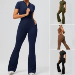 Amazon Popular Selling Short Sleeve Flare Sports Bodysuits for Woman, Trendy Zip up Front Yoga Romper with Side Pockets One Piece Bell Bottom Bodycon