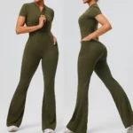 Amazon Popular Selling Short Sleeve Flare Sports Bodysuits for Woman, Trendy Zip up Front Yoga Romper with Side Pockets One Piece Bell Bottom Bodycon