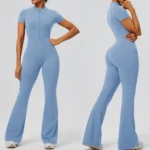 Amazon Popular Selling Short Sleeve Flare Sports Bodysuits for Woman, Trendy Zip up Front Yoga Romper with Side Pockets One Piece Bell Bottom Bodycon