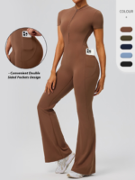 Amazon Popular Selling Short Sleeve Flare Sports Bodysuits for Woman, Trendy Zip up Front Yoga Romper with Side Pockets One Piece Bell Bottom Bodycon
